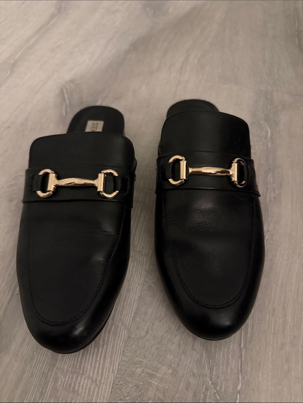 Steve Madden Black Leather Slip-On Mules with Gold Hardware